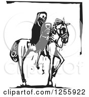 Clipart Of A Black And White Woodcut Death Skeleton On Horseback With Wine Royalty Free Vector Illustration