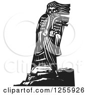 Clipart Of A Black And White Woodcut Scene Of Moses Bringing The Ten Commandments Down From The Mountain Royalty Free Vector Illustration