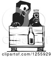 Poster, Art Print Of Black And White Woodcut Death Skeleton With Wine At A Table