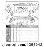 Clipart Of A Grayscale School Timetable With Children And A Chalkboard Royalty Free Vector Illustration