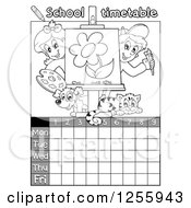 Clipart Of A Grayscale School Timetable With Children Art And Animals Royalty Free Vector Illustration