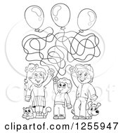 Clipart Of Black And White Happy Children Playing With Balloons A Cat And Dog Royalty Free Vector Illustration