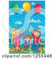 Poster, Art Print Of Happy White Children Playing With Balloons A Cat And Dog