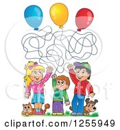 Poster, Art Print Of Happy Caucasian Children Playing With Balloons A Cat And Dog