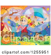Poster, Art Print Of Happy Blond Caucasian Girl Running With A Kite And Dog Through Autumn Leaves