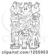 Poster, Art Print Of Black And White Happy Children Flying Kites With A Cat And Dog