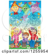 Poster, Art Print Of Happy Children Flying Kites With A Cat And Dog