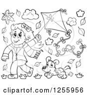 Poster, Art Print Of Happy Black And White Girl Running With A Kite And Dog Through Autumn Leaves