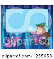 Clipart Of A Halloween Background Of A Witch Cat And Bat Over Blue Text Space Royalty Free Vector Illustration