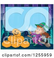 Clipart Of A Halloween Background Of A Witch Cat And And Pumpkins Over Blue Text Space Royalty Free Vector Illustration