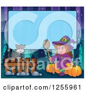 Clipart Of A Halloween Background Of A Witch Cat And Pumpkins Over Blue Text Space Royalty Free Vector Illustration