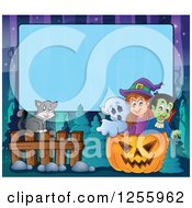 Poster, Art Print Of Halloween Background Of A Witch Cat Ghost And Vampire Over Blue Text Space