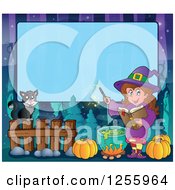 Clipart Of A Halloween Background Of A Witch Cat And Cauldron Over Blue Text Space Royalty Free Vector Illustration by visekart