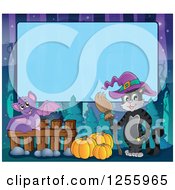 Poster, Art Print Of Halloween Background Of A Witch Cat And Flying Bat Over Blue Text Space