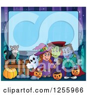 Poster, Art Print Of Halloween Background Of A Witch Cat And Bat Ghost Vampire And Frankenstein Over Blue Text Space
