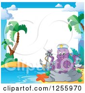 Poster, Art Print Of Captain Octopus With A Telescope And Anchor On A Beach Border
