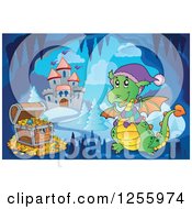 Poster, Art Print Of Dragon And Treasure Chest In A Winter Cave Near A Castle