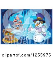 Poster, Art Print Of Snowman And Treasure Chest In A Winter Cave Near A Castle