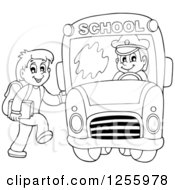 Black And White Happy Boy Loading A School Bus