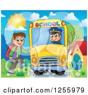 Happy Brunette White Boy Boarding A School Bus
