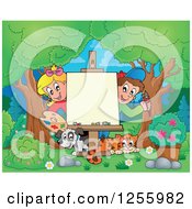 Poster, Art Print Of White School Children With A Dog And Cat Around An Art Easel In The Woods