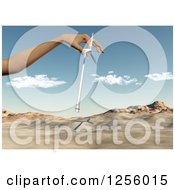 Clipart Of A 3d Caucasian Female Hand Inserting A Wind Turbine In A Desert Royalty Free Illustration by KJ Pargeter