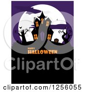 Clipart Of A Haunted Mansion With Bats On A Hill Against A Full Moon And Purple Sky With Happy Halloween Text Royalty Free Vector Illustration