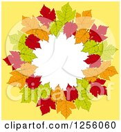 Poster, Art Print Of Round Frame Of Autumn Leaves Over Yellow With White Text Space