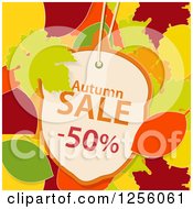 Poster, Art Print Of Acorn Shaped Autumn Sale Fifty Percent Off Discount Tag Over Autumn Leaves