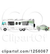 Caucasian Man Driving A Class A Motorhome And Towing A Car With A Dolly