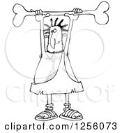 Clipart Of A Black And White Caveman Holding A Bone Above His Head Royalty Free Vector Illustration