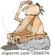 Clipart Of A Caveman Sitting On A Boulder And Looking Up Royalty Free Vector Illustration