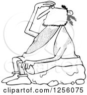 Clipart Of A Black And White Caveman Sitting On A Boulder And Looking Up Royalty Free Vector Illustration