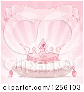 Poster, Art Print Of Pink Princess Crown On A Pillow Under A Torn Ribbon Banner On Pink Rays