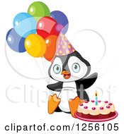 Poster, Art Print Of Cute Birthday Party Penguin With Cake And Balloons