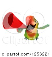 Clipart Of A 3d Green Parrot Flying And Anouncing With A Megaphone Royalty Free Illustration