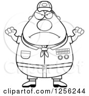 Clipart Of A Black And White Mad Chubby Male Scout Master Waving His Fists Royalty Free Vector Illustration