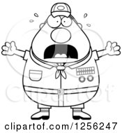 Clipart Of A Black And White Scared Screaming Chubby Male Scout Master Royalty Free Vector Illustration