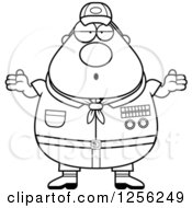 Clipart Of A Black And White Careless Shrugging Chubby Male Scout Master Royalty Free Vector Illustration
