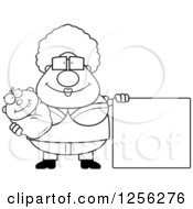 Clipart Of A Black And White Happy Granny Holding A Baby By A Blank Sign Royalty Free Vector Illustration