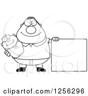 Clipart Of A Black And White Happy Father Holding A Baby By A Blank Sign Royalty Free Vector Illustration by Cory Thoman