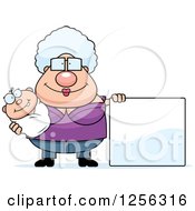 Clipart Of A Happy Granny Holding A Baby By A Blank Sign Royalty Free Vector Illustration