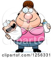 Clipart Of A Happy Caucasian Mother Holding A Baby And Bottle Royalty Free Vector Illustration