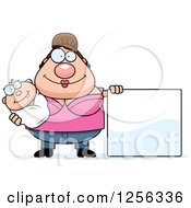 Poster, Art Print Of Happy Caucasian Mother Holding A Baby By A Blank Sign