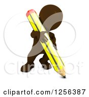 Clipart Of A 3d Brown Man Writing Or Drawing With A Giant Pencil Royalty Free Vector Illustration by KJ Pargeter