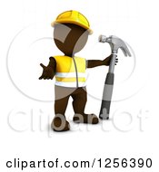 Clipart Of A 3d Brown Man Worker Presenting With A Hammer Royalty Free Vector Illustration