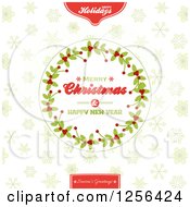 Poster, Art Print Of Round Merry Christmas And Happy New Year Holly Wreath Over Snowflakes