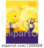 Clipart Of A Strand Of Halloween Jackolantern Pumpkin Lights On Dead Trees With A Bat And Cat In A Cemetery Royalty Free Vector Illustration by elaineitalia