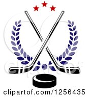 Clipart Of Crossed Ice Hockey Sticks And A Puck With Stars And Laurels Royalty Free Vector Illustration