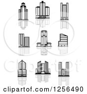 Clipart Of Black And White Skyscraper Buildings With Reflections Royalty Free Vector Illustration